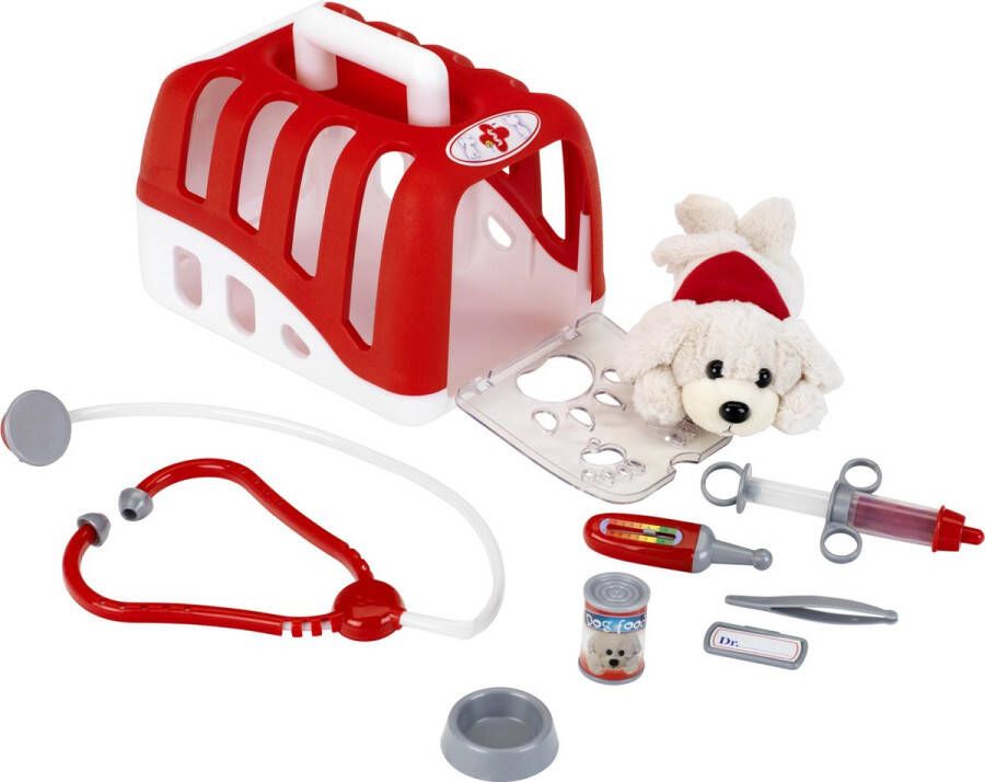Klein Toys dierenartskoffer met knuffelhond 24x18.5x16.5 cm voerbak stethoscoop injectiespuit thermometer pincet naamplaatje blikje rood wit
