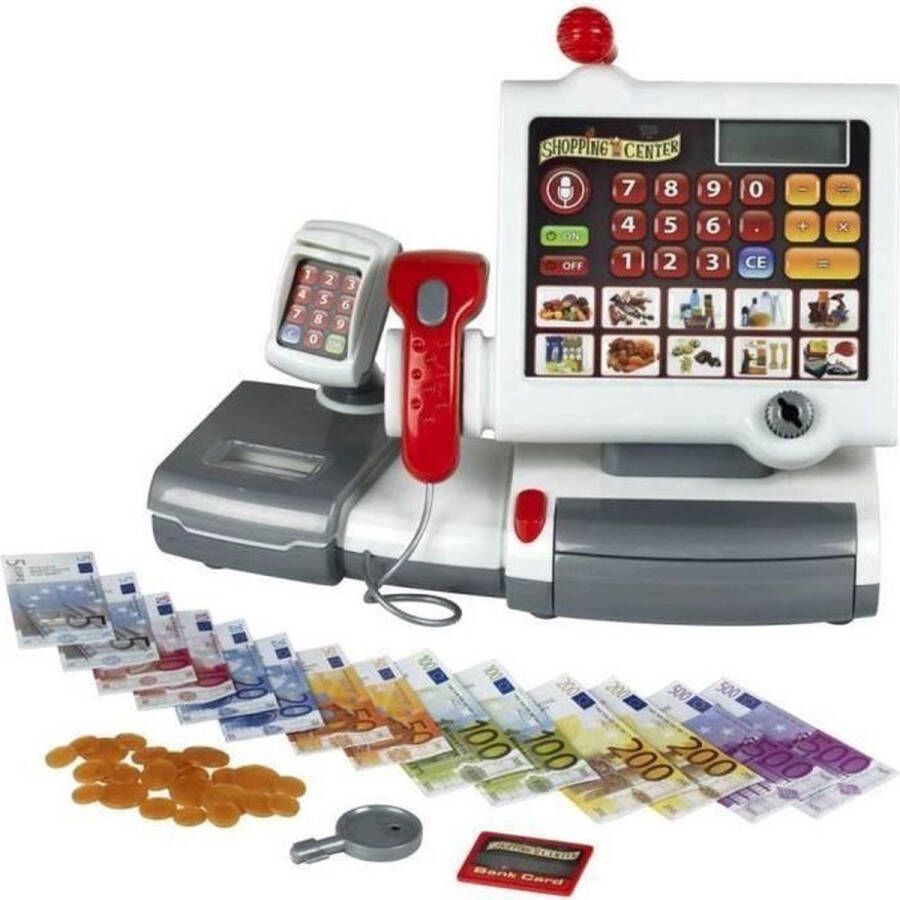 Klein Toys elektronische kassa touchpad scanner weegschaal en rekenmachinefunctie 31x15 5x23 cm incl. speelgeld uitschuifbare geldla licht- en geluidseffecten grijs