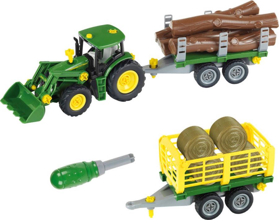 Klein John Deere-tractor met houtblokken en hooiwagen I Schroevenset inclusief schroevendraaier I Afmetingen: 47 cm x 10 50 cm x 12 cm I Speelgoed voor kinderen vanaf 3 jaar