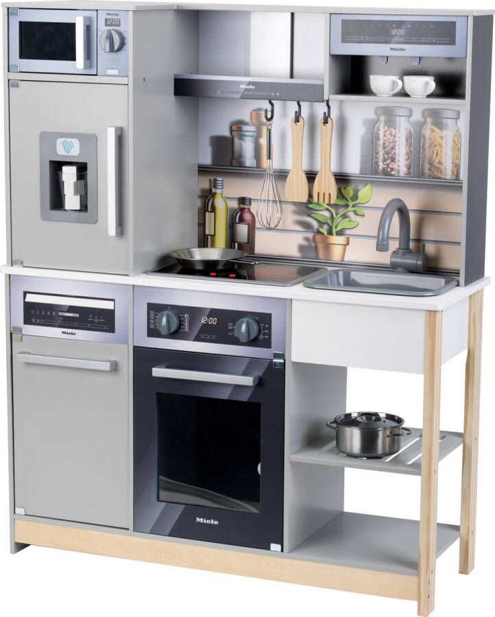 Klein MielefFamiliekeuken I Houten keuken met fornuis inclusief licht- en geluidsfunctie magnetron en koelkast met ijsblokjesdispenser I Speelkeukenaccessoires I Afmetingen: 83 5 cm x 30 cm x 101 cm I Speelgoed voor kinderen van 3 jaar en ouder