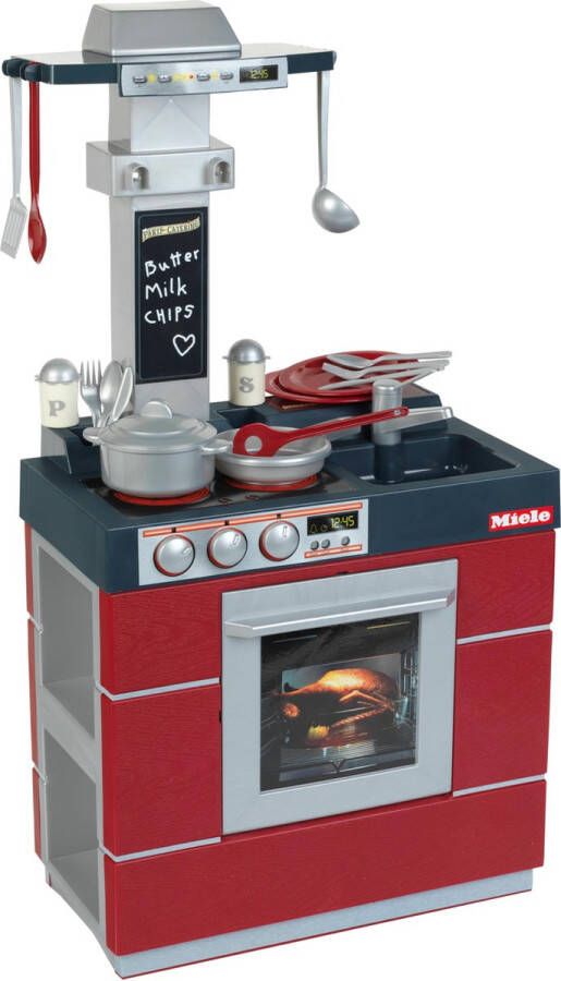 Klein Toys Miele keuken fornuis afzuigkap dispenser spoelbak handige opbergvakjes incl. bijpassende accessoires rood grijs