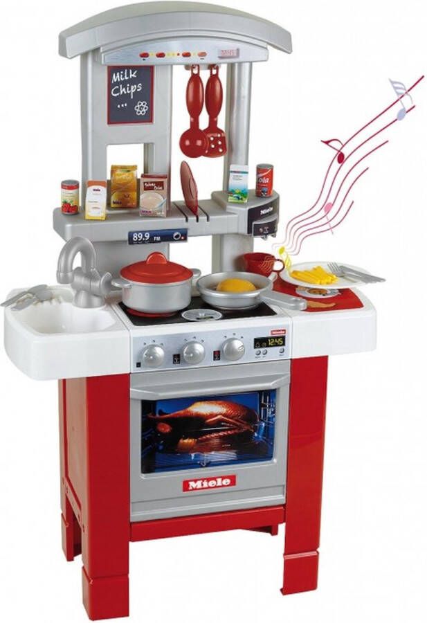Klein Toys Miele Starter keuken 27x57x90 cm oven vaatwasser afzuigkap spoelbak voedsel replica's kook- en eetgerei incl. geluidseffecten rood grijs