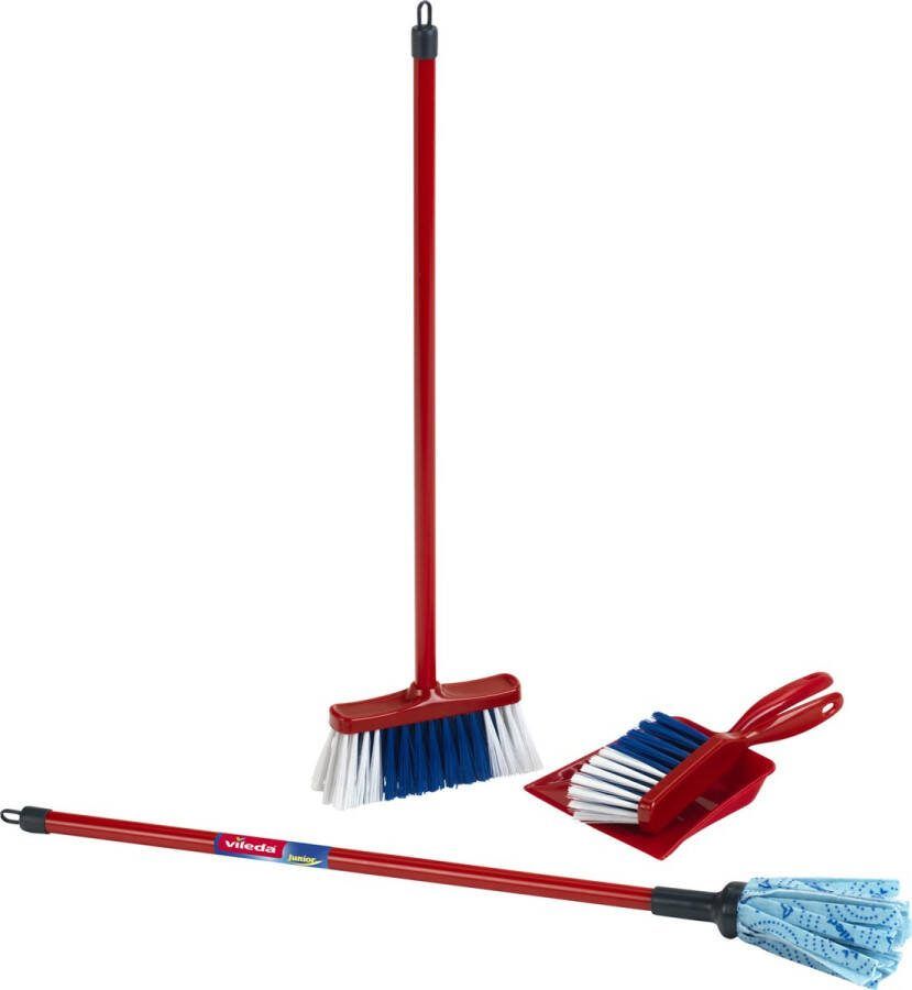 Klein Toys Vileda 4-delige speelgoedschoonmaakset vloerwisser bezem stoffer en blik hoogwaardig kunststof rood blauw