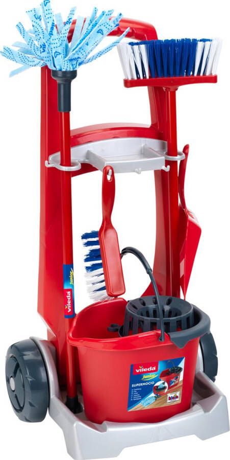 Klein Toys Vileda bezemwagen vloerwisser emmer met opzetstuk bezem stoffer en blik kwalitatief hoogwaardig kunststof rood blauw