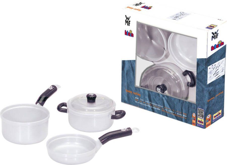 Klein Toys WMF 3-delige pannenset kookpot en 2 steelpannen waarvan 1 met deksel hoogwaardig kunststof grijs zwart