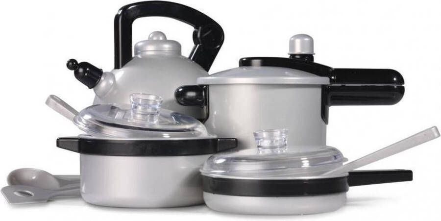 Klein Toys WMF pannenset fluitketel snelkookpan koekenpan braadpan met deksel en hoogwaardig speelgoedkeukengerei grijs zwart