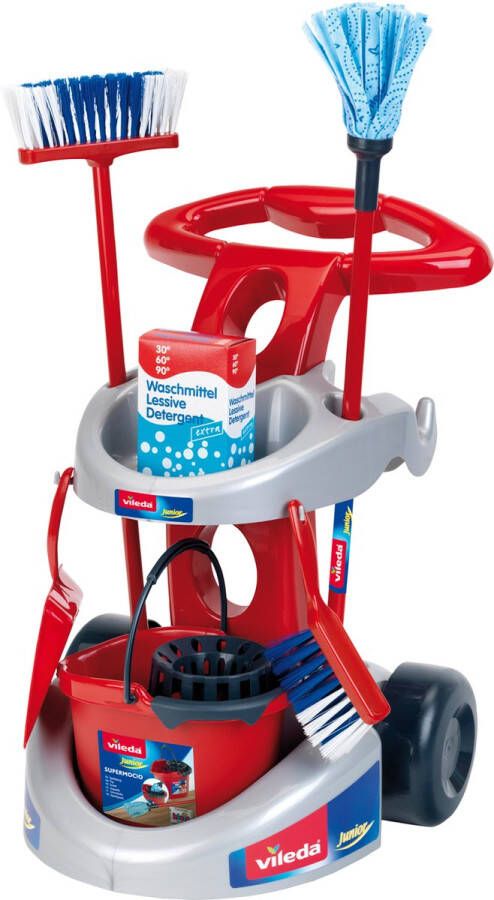 Klein Toys Vileda reinigingswagen dweil bezem en verscheidene huishoudelijke accessoires 61 cm lange dweil 55 5 cm lange bezem rood blauw