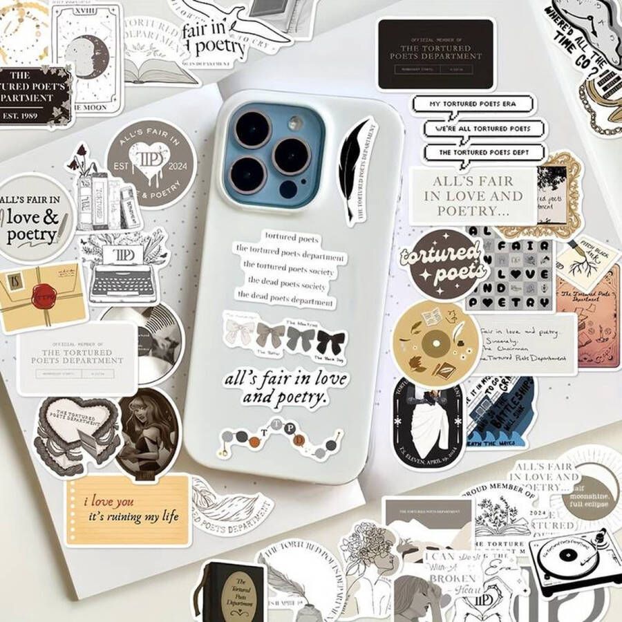 Kleine Kaartjes Taylor Swift Stickermix The Tortured Poets Department 50 Stuks Laptop Ereader Bullet Journal