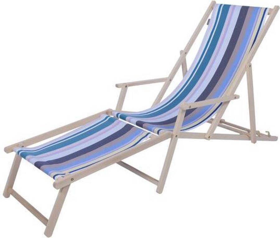 Kleurmeester.nl Strandstoel met voetsteun Heure Bleue Opklapbaar Beukenhout Outdoor stof | Blauw Groen Paars Gestreept