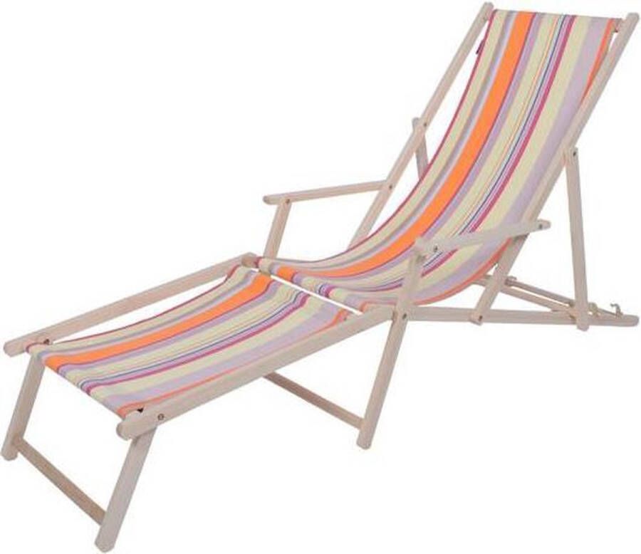 Kleurmeester.nl Strandstoel met voetsteun June Sunset Opklapbaar Beukenhout Outdoor stof | Roze Oranje Beige Gestreept