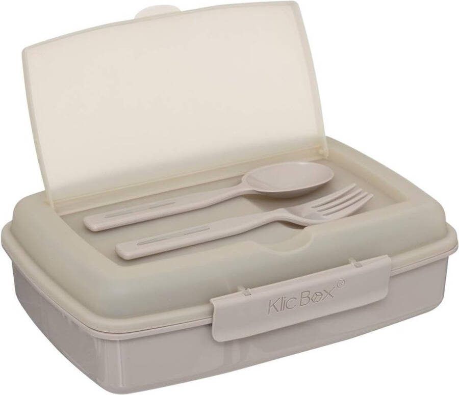 KLIC BOX © Lunchbox voor volwassenen en kinderen 1200 ml met 3 vakken incl. bestek de snackbox is geschikt voor magnetrons en vaatwassers voor school werk picknick en op reis (Beige)