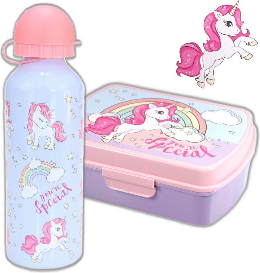 KliederZ Broodtrommel + drinkfles Unicorn Eenhoorn Lunchbox voor meisjes Lichtblauw LS03Bx