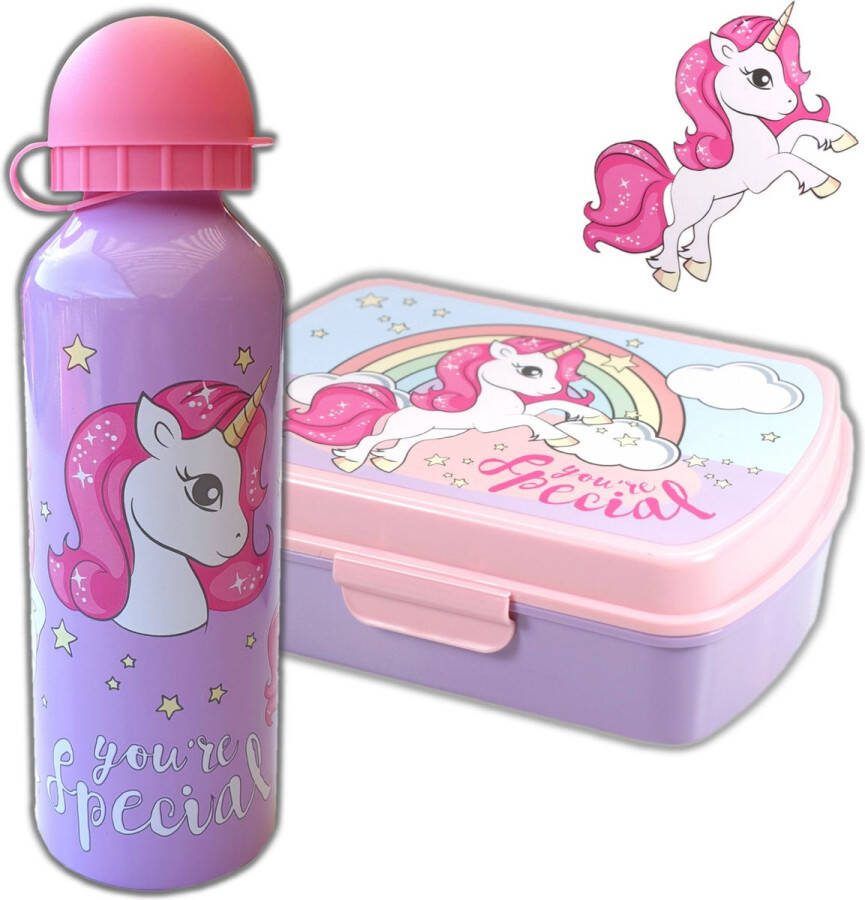 KliederZ Broodtrommel + drinkfles Unicorn Eenhoorn Lunchbox voor meisjes Paars LS03x