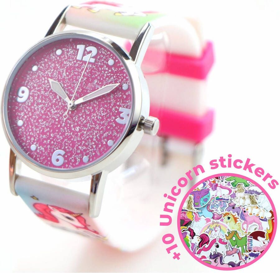 KliederZ Horloge Unicorn glitter – voor meisjes – Analoog kinderhorloge + 10 Unicorn stickers – roze Eenhoorn 2AW01