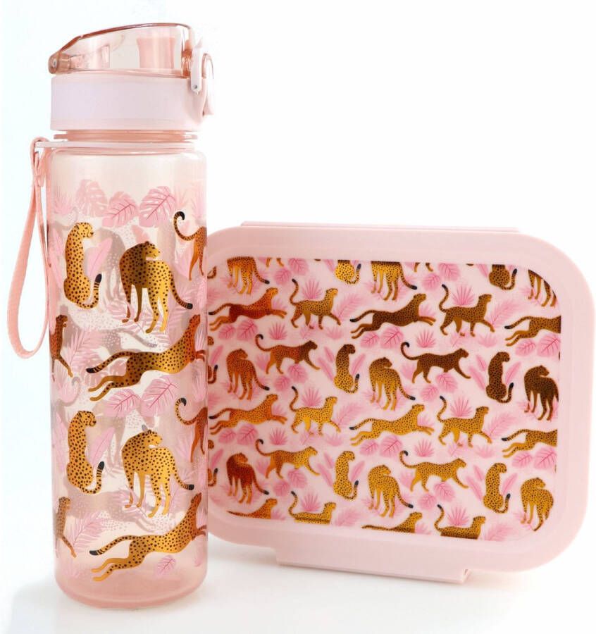 KliederZ Luipaard broodtrommel + drinkfles Roze met Goud Vrolijke bentobox lunchbox met drinkbeker voor kinderen Waterfles BPA vrij LS34