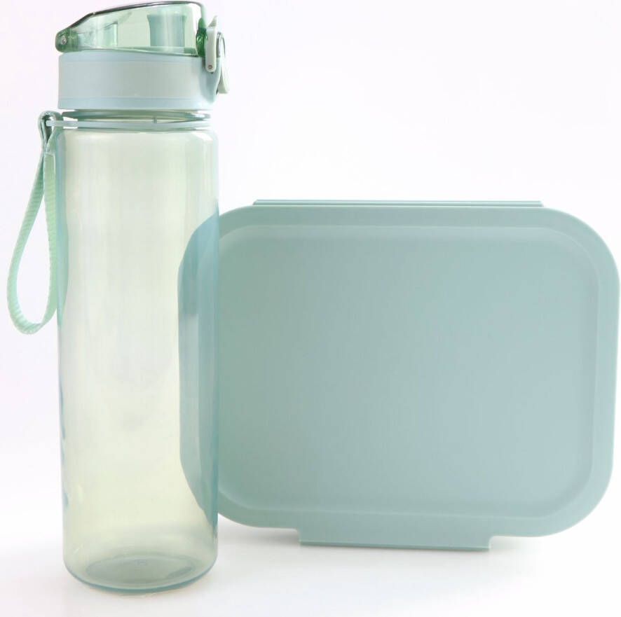 KliederZ Ocean Green broodtrommel + drinkfles Modern gekleurde Bento lunchbox met drinkbeker voor schoolgaande jeugd en volwassenen Waterfles BPA vrij LS35