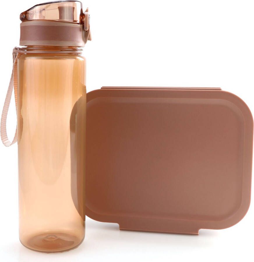 KliederZ Terra Brown broodtrommel + drinkfles Modern gekleurde Bento lunchbox met drinkbeker voor schoolgaande jeugd en volwassenen Waterfles BPA vrij LS36