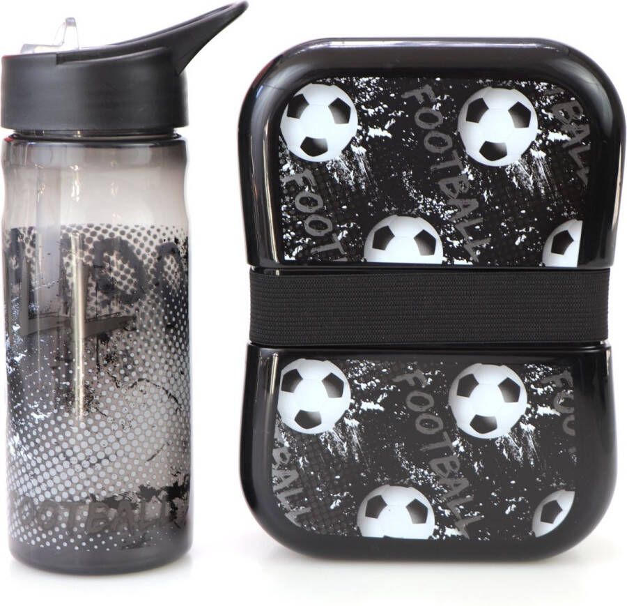 KliederZ Voetbal broodtrommel + drinkfles Zwart stoere lunchbox met drinkbeker kinderen BPA vrij LS32