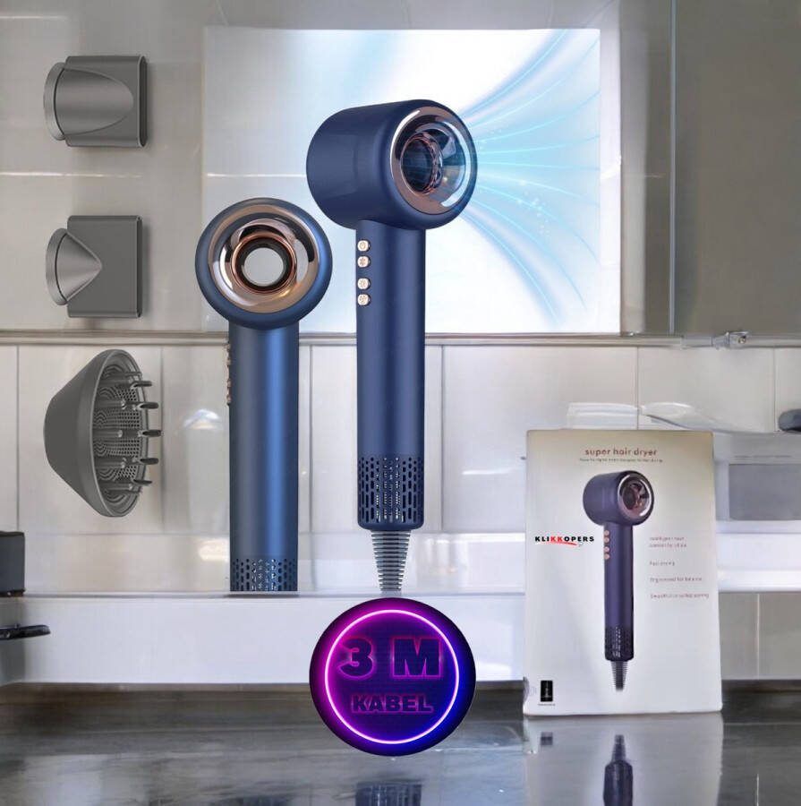 Klikkopers Föhn met Diffuser Haar Drogen Snel Drogen Ionische Krullen Haardroger Ionentechnologie Blauw 2024 Editie met Kabel van 3 meter