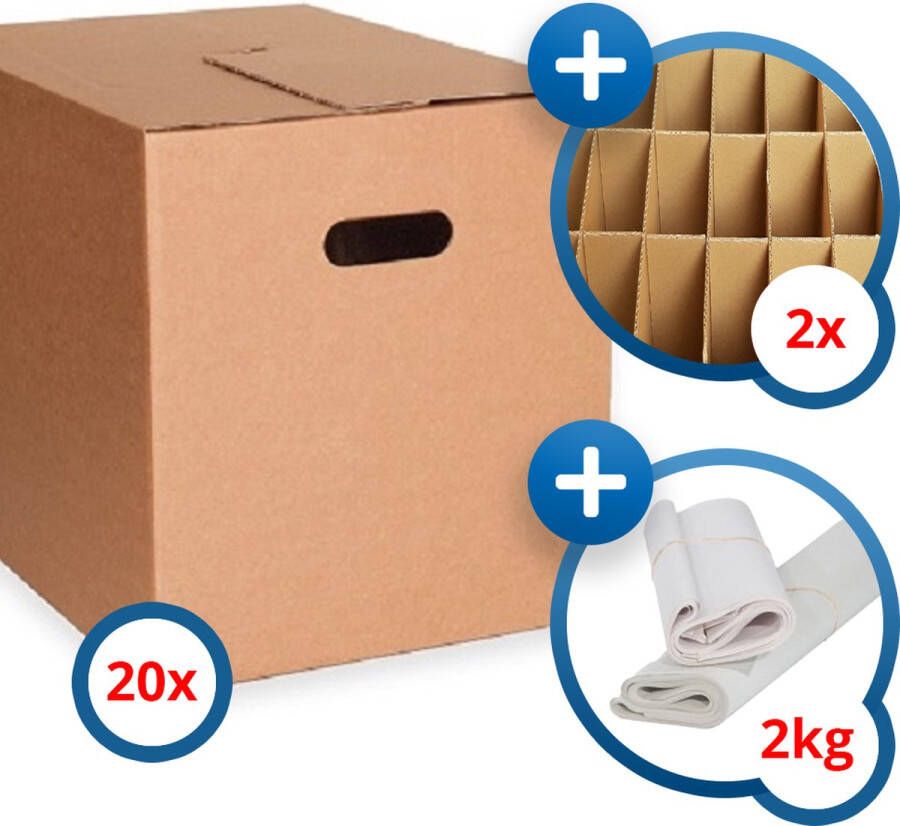 Kliklak 20x KlikKlak professionele verhuisdoos + 2kg papier + 2 vakverdeling 48x32x33