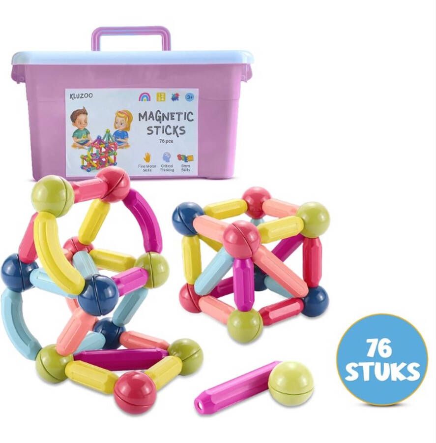 KLUZOO Magnetisch Speelgoed Montessori Magnetische Staafjes 76 stuks Magnetische Bouwstenen Set Creatieve Magnetische Bouwblokken voor Kinderen Magnetisch Bouwspeelgoed Inclusief Roze Opbergdoos
