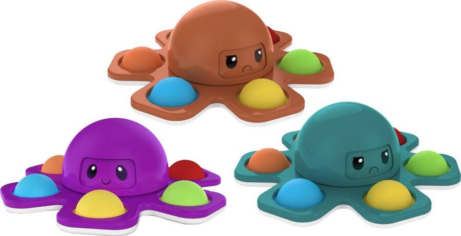 Knaldeals.com 3 Pack Fidget Spinner met Pop Up Bubble Face Changing Octopus Anti Stress Rage 2021 2022 Groen Paars Oranje