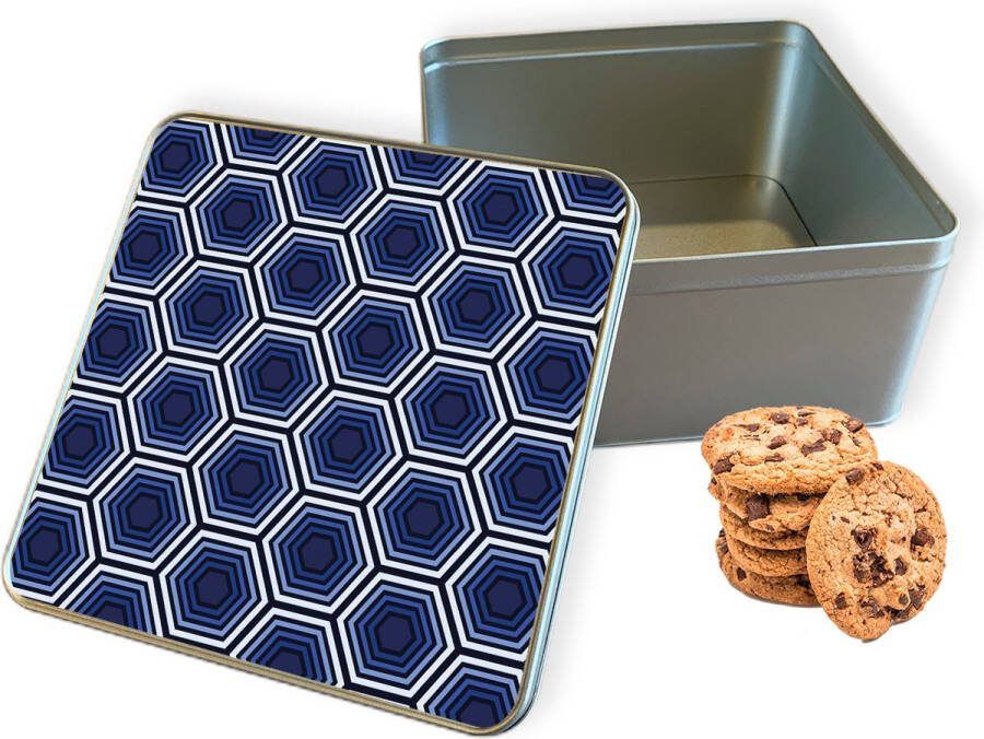Knaldeals.com Koektrommel Blauwe Hexagons Vierkant Bewaarblik 20x20x10 cm