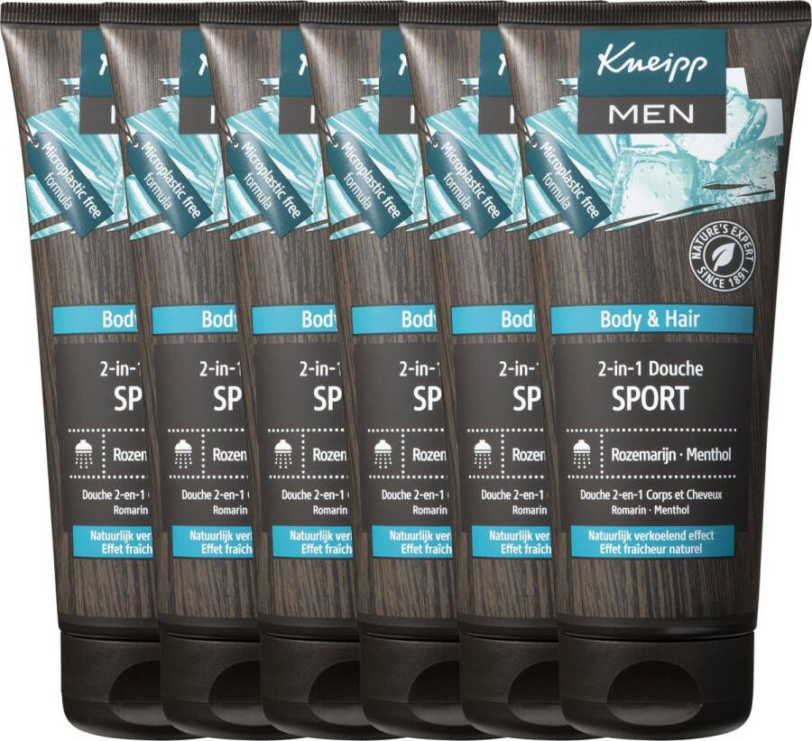 Kneipp Men 2-in-1 Douchegel Shampoo Sport Menthol Rozemarijn Verkoelend Vegan Grootverpakking Voordeelverpakking 6 x 200 ml