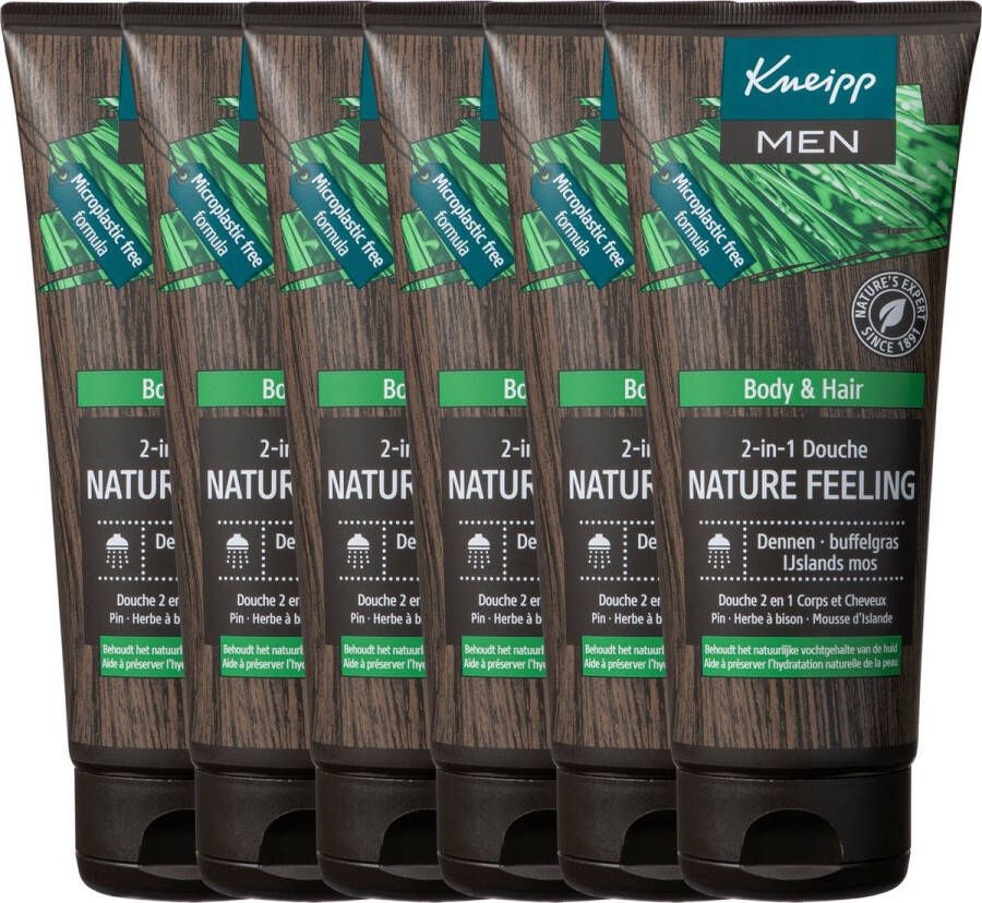 Kneipp Men 2-in-1 Douchegel Shampoo Nature Feeling Vegan Grootverpakking Voordeelverpakking 6 x 200 ml