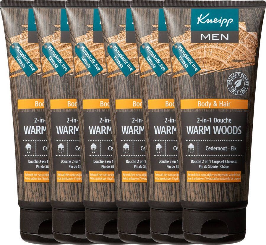 Kneipp Men 2-in-1 Douchegel Shampoo Warm Woods Grootverpakking Voordeelverpakking 6 x 200 ml