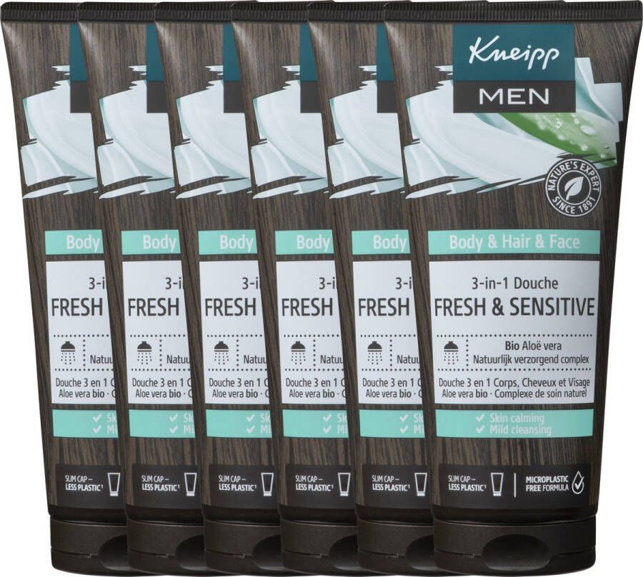 Kneipp Men 3-in-1 Douche Shampoo Fresh & Sensitive Voor huid haar en lichaam Met frisse geur Voordeelverpakking Grootverpakking Vegan 6 x 200 ml