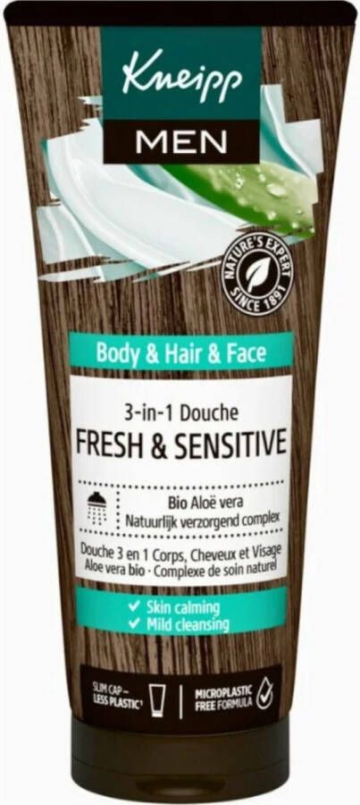 Kneipp Men 3-in-1 Shampoo Douche Fresh & Sensitive Voor haar lichaam en gezicht Voor de gevoelige en droge huid Met verkwikkende geur Grootverpakking Voordeelverpakking Vegan 6 x 200 ml