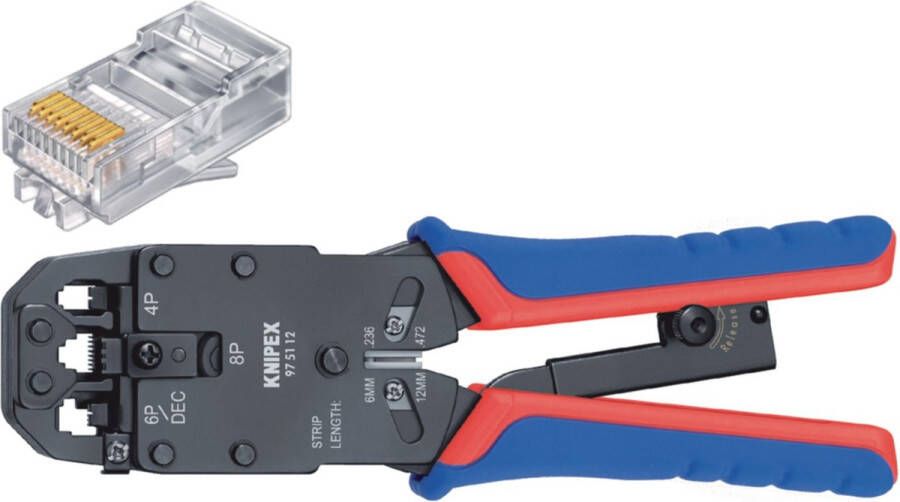 Knipex 97 51 12 SB Crimp Lever Pliers For Western Plugs Western Connector Rj10 (4-pin) 7.65 Mm Rj11 12 (6-pin) 9.65 Mm; Rj45 (8-pin) 11.68 Mm