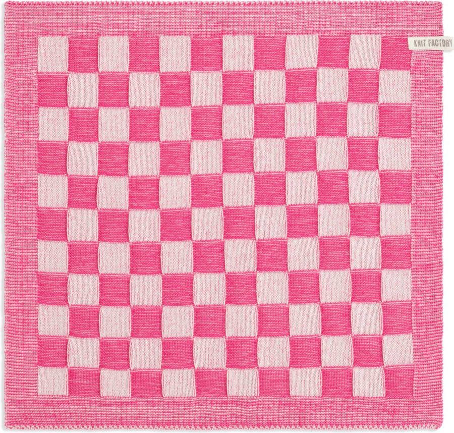 Knit Factory Gebreide Keukendoek Keukenhanddoek Block Geblokt motief Handdoek Vaatdoek Keuken doek Ecru Fuchsia Traditionele look 50x50 cm