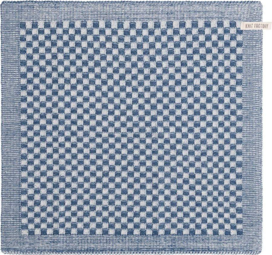 Knit Factory Gebreide Keukendoek Keukenhanddoek Cubes Geblokt motief Handdoek Vaatdoek Keuken doek Ecru Jeans Traditionele look 50x50 cm