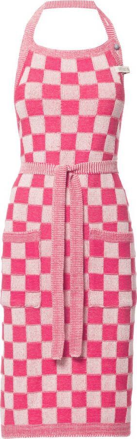 Knit Factory Gebreide Keukenschort Dames & Heren Kookschort Kokssloof Keukensloof Koksschort Barbecue schort Block Ecru Fuchsia One Size Met steekzakken