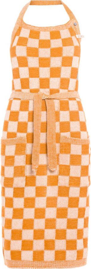 Knit Factory Gebreide Keukenschort Dames & Heren Kookschort Kokssloof Keukensloof Koksschort Barbecue schort Block Ecru Orange One Size Met steekzakken