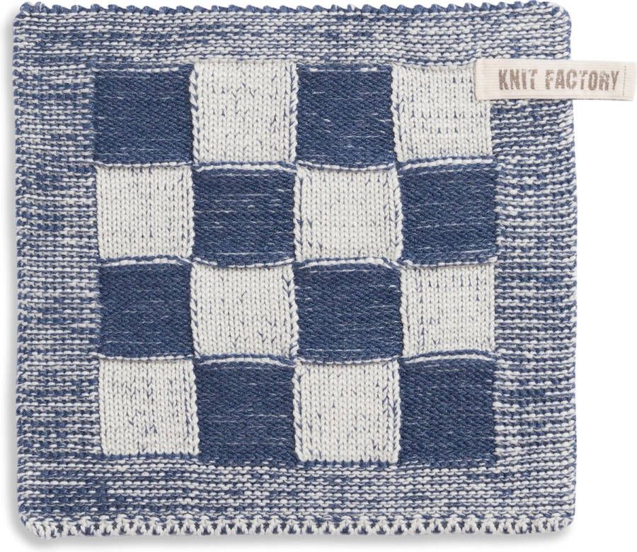 Knit Factory Gebreide Pannenlap Block Pannenlappen gemaakt van 50% katoen & 50% acryl Blokken motief Traditionele look 1 stuk Ecru Jeans 23x23 cm