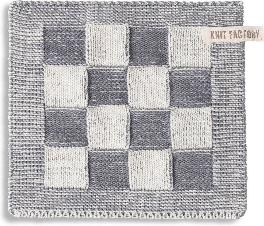 Knit Factory Gebreide Pannenlap Block Pannenlappen gemaakt van 50% katoen & 50% acryl Blokken motief Traditionele look 1 stuk Ecru Med Grey 23x23 cm