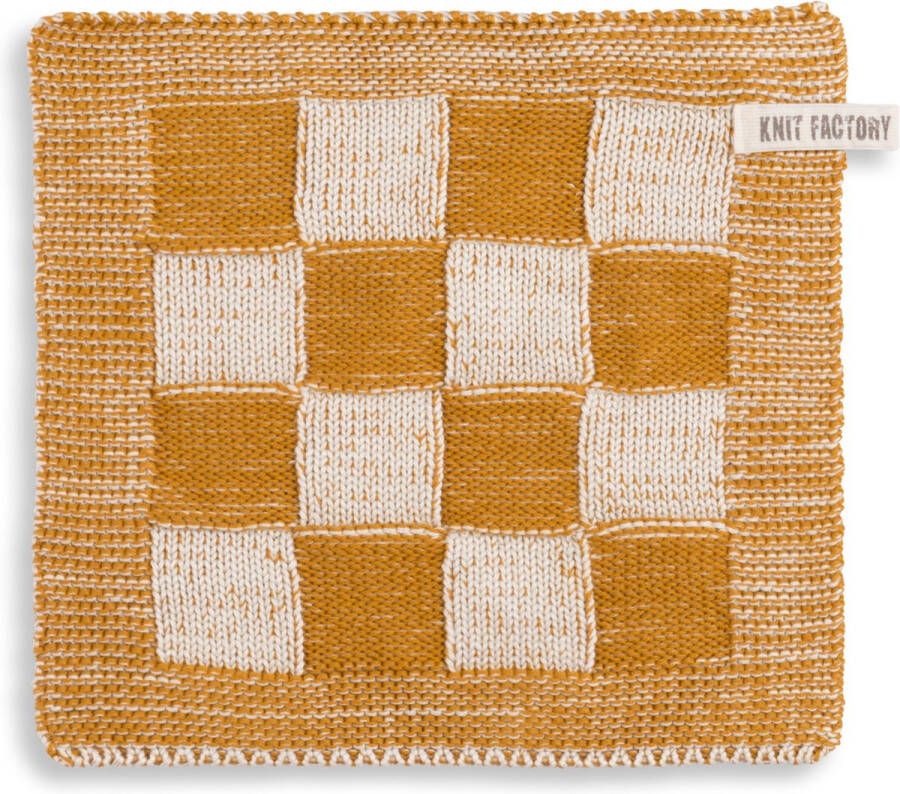 Knit Factory Gebreide Pannenlap Block Pannenlappen gemaakt van 50% katoen & 50% acryl Blokken motief Traditionele look 1 stuk Ecru Oker 23x23 cm
