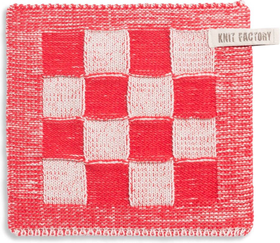 Knit Factory Gebreide Pannenlap Block Pannenlappen gemaakt van 50% katoen & 50% acryl Blokken motief Traditionele look 1 stuk Ecru Rood 23x23 cm