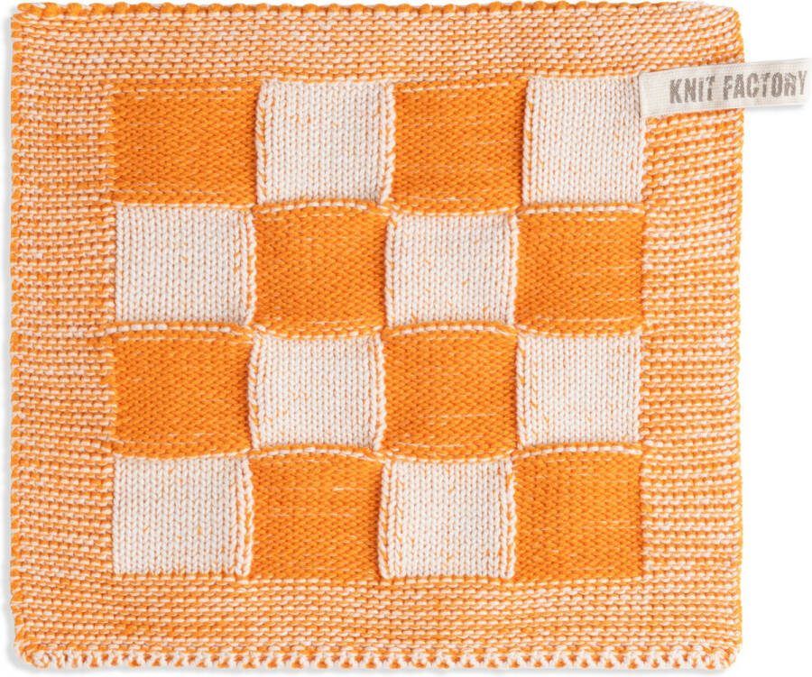 Knit Factory Gebreide Pannenlap Block Pannenlappen gemaakt van 50% katoen & 50% acryl Blokken motief Traditionele look 1 stuk Ecru Orange 23x23 cm