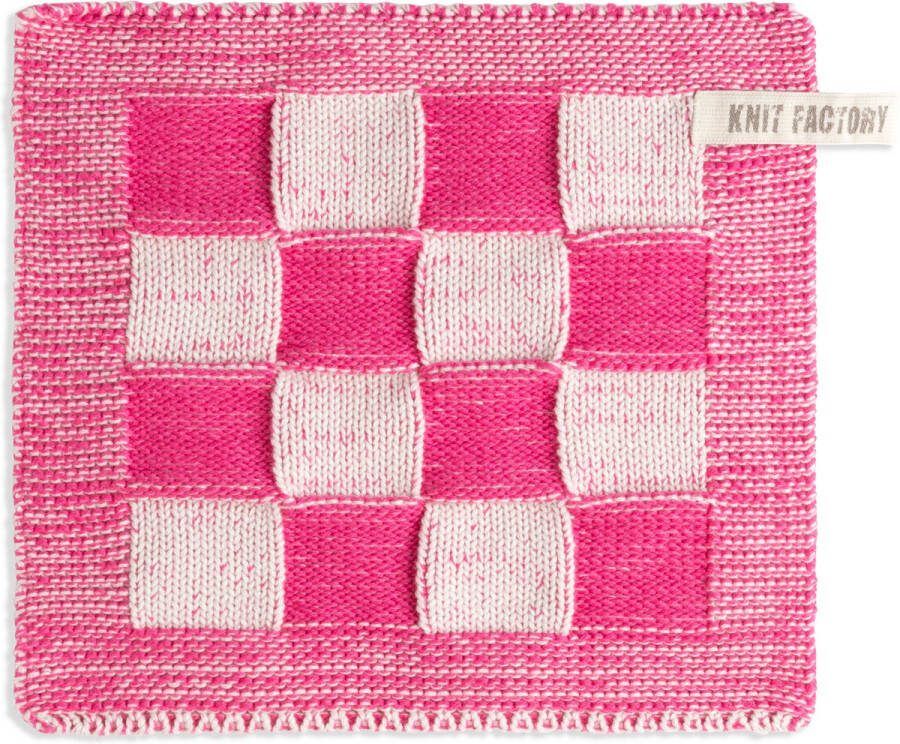 Knit Factory Gebreide Pannenlap Block Pannenlappen gemaakt van 50% katoen & 50% acryl Blokken motief Traditionele look 1 stuk Ecru Fuchsia 23x23 cm