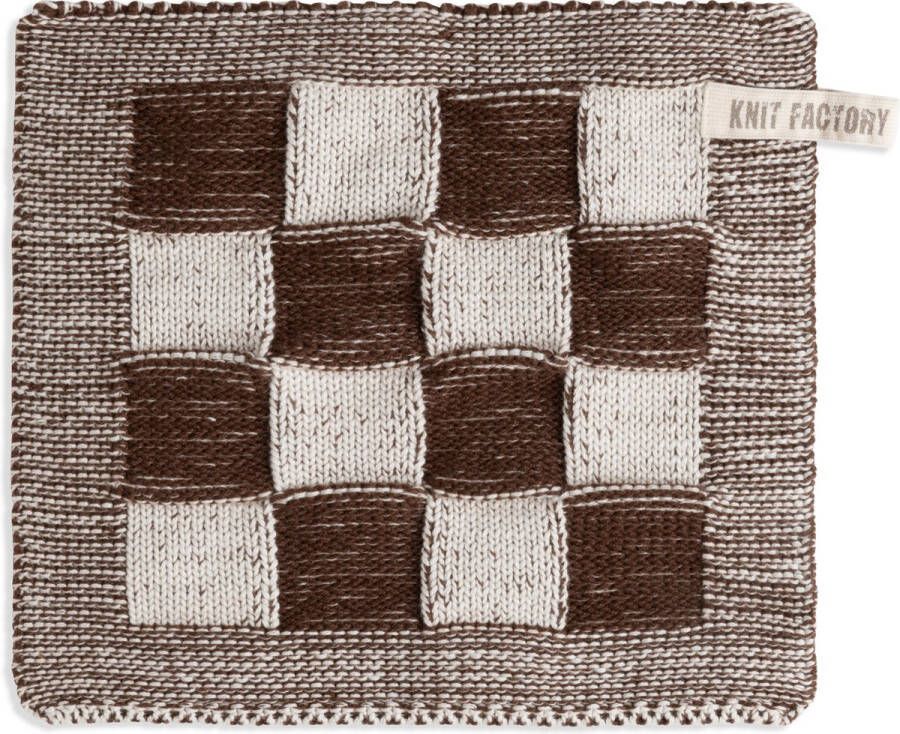 Knit Factory Gebreide Pannenlap Block Pannenlappen gemaakt van 50% katoen & 50% acryl Blokken motief Traditionele look 1 stuk Ecru Chocolate 23x23 cm