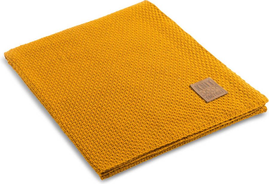Knit Factory Jesse Gebreid Plaid Woondeken plaid Wollen deken Kleed Oker 160x130 cm