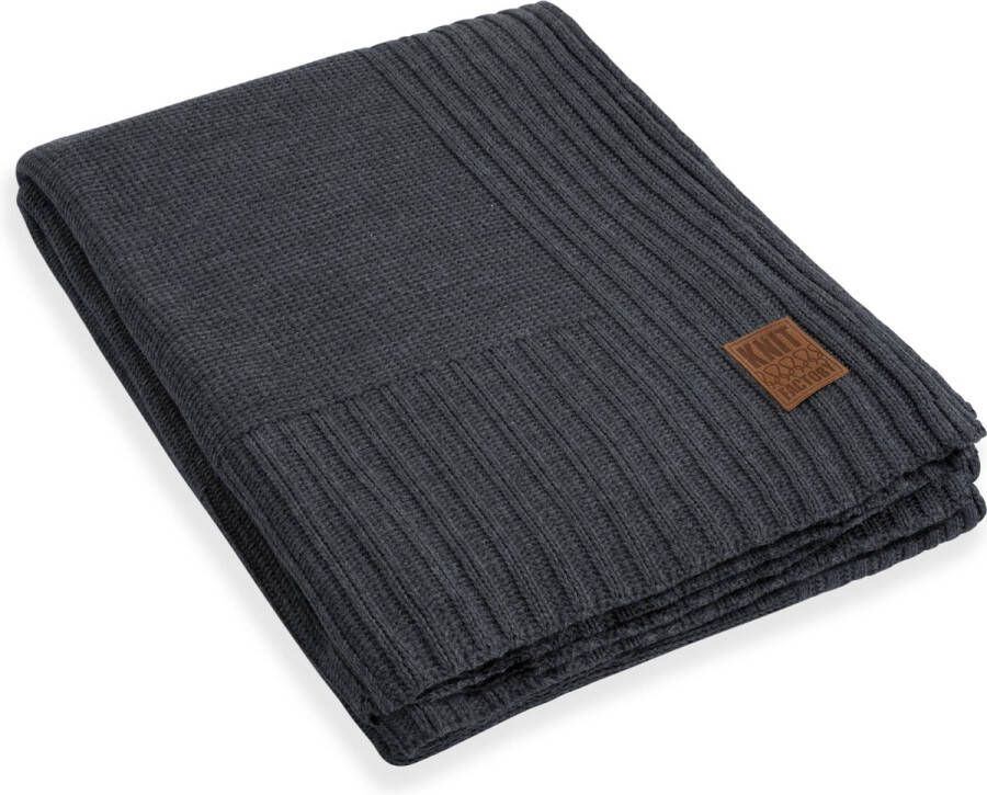 Knit Factory Uni Gebreid Plaid XL Woondeken plaid Wollen deken Kleed Antraciet 195x225 cm