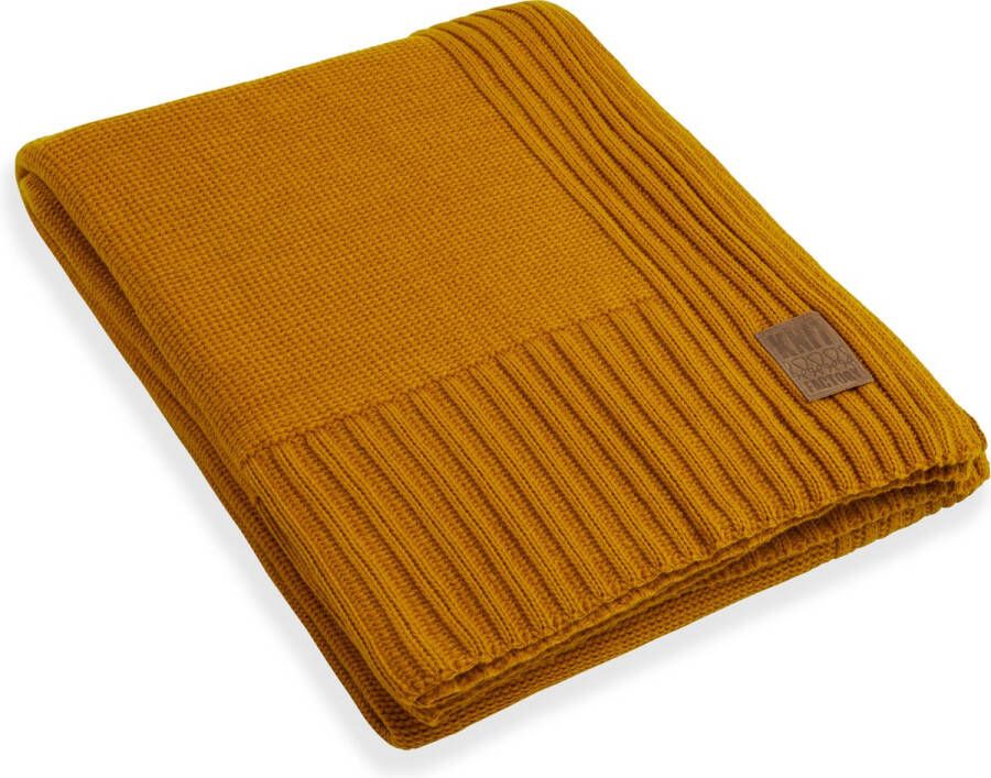 Knit Factory Uni Gebreid Plaid XL Woondeken plaid Wollen deken Kleed Oker 195x225 cm