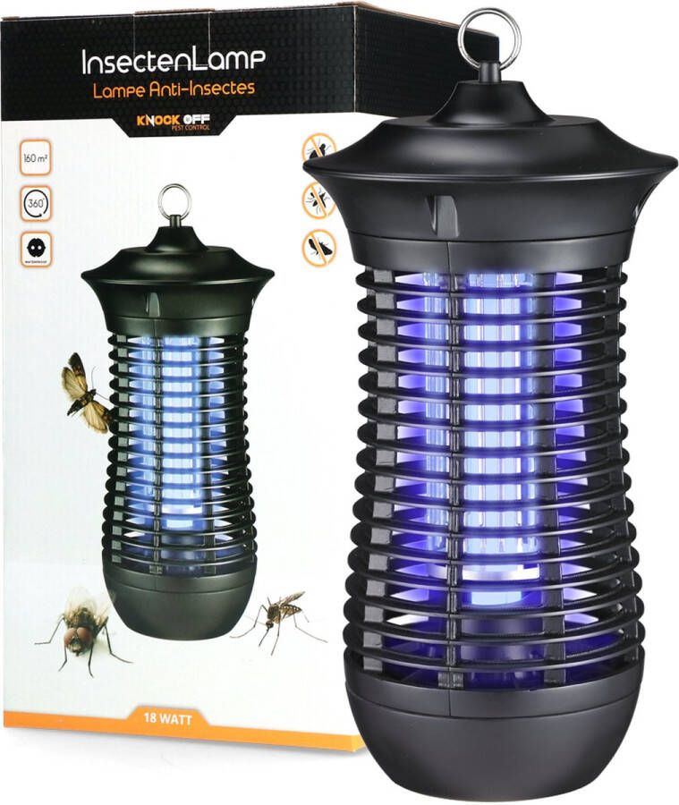 Knock Off Insectenlamp 18 Watt – Vliegenlamp met 160m2 vangstbereik – Kan worden opgehangen of neergezet – Duurzame materialen – Waterproof – 18 Watt 19 x 19 x 35 cm Zwart