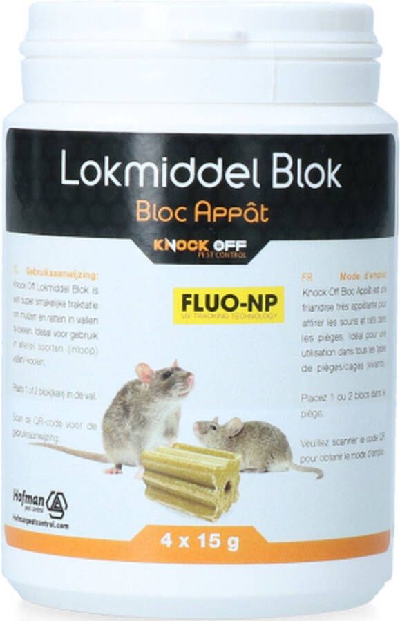 Knock Off Lokmiddel Blok voor Muis & Rat Fluo-NP Ideaal voor gebruik in allerlei soorten (inloop)vallen -kooien Bevat een fluorescerend ingrediënt Super smakelijke traktatie om muizen en ratten in vallen te lokken 8 x 15 gram