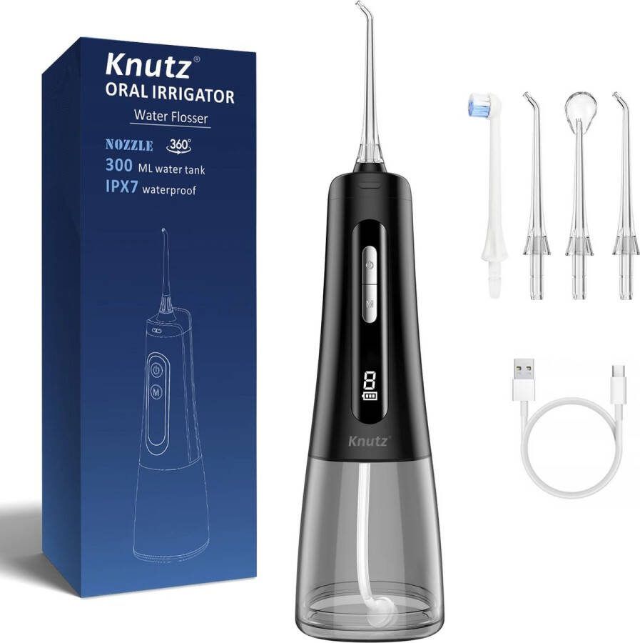 Knutz -Draadloze Waterflosser en Monddouche – Elektrisch Flosapparaat met 4 Opzetstukken – Oplaadbaar en Zwart voor Perfecte Mondverzorging